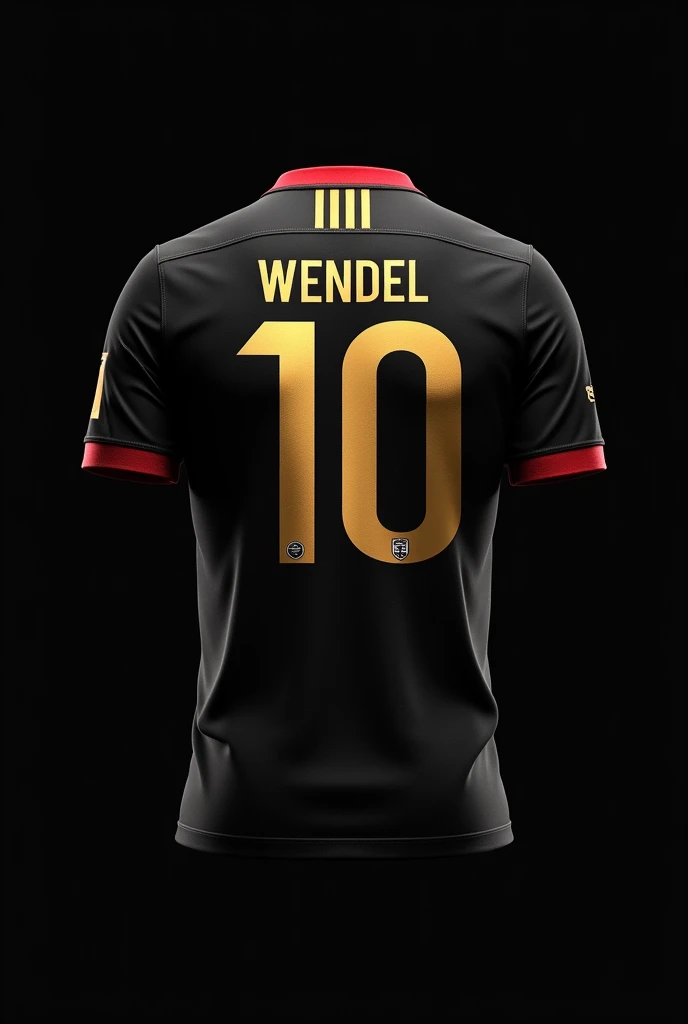 A football shirt with the number 10 on the back in gold with red details on the collars and 2 stripes from the neck collar down to the arm collar in gold on a black background without a player with the name WENDEL a little big below the number.