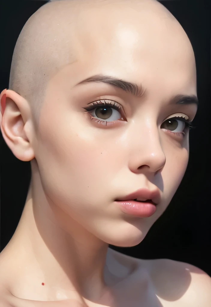 Passport photo, Brightly lit front facing Bald Billie eilish Attractive female woman front view, front view focus on face, touching herself, portrait , face portrait close up, close-up, bald beauty, face centered, symmetrical face, beautiful lips, white skinned sexy griffon female griffon alien no hair her head, with a sexy knock out body, large saggy tits, (Her face is gorgeous), Her skin is smooth, moist, and glossy, perky sharp ears, clean lines, photoshoot, no background, sexual soft skin, sexy extraterrestrials,she has plump juicy lips,