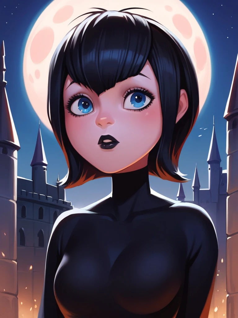 score_9, score_8_up, score_7_up, source_anime, source_cartoon, Mavis,short hair, black hair, best quality, perfect eyes,  portrait, breasts,lips, black lips,eyelashes, blue eyes, black dress, castle, darkness, full moon