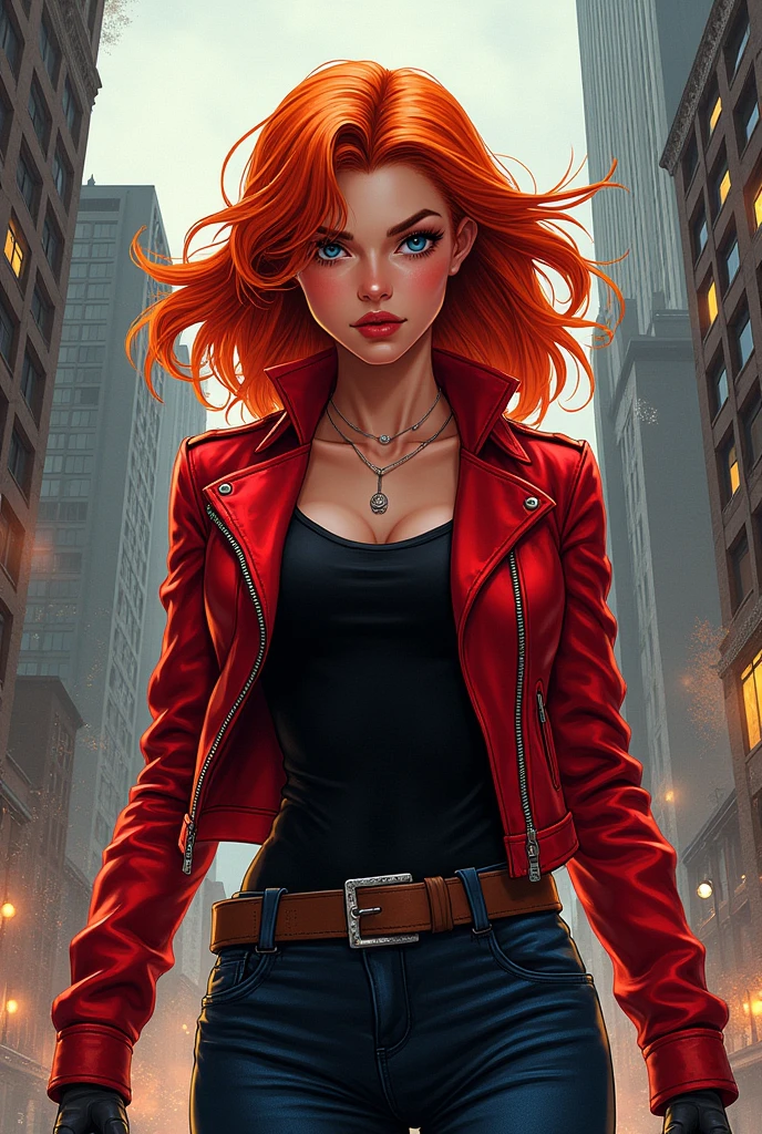marvel comic panel. A girl with red hair and a red dress jacket