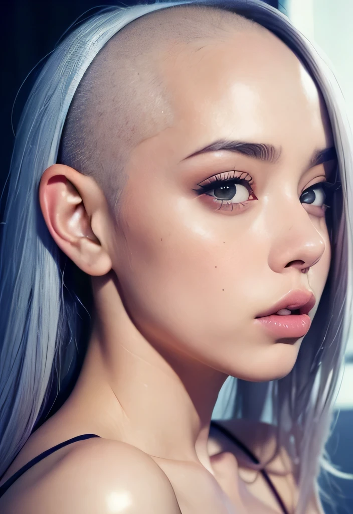 Passport photo, Brightly lit front facing Bald Billie eilish Attractive female woman front view, front view focus on face, touching herself, portrait , face portrait close up, close-up, bald beauty, face centered, symmetrical face, beautiful lips, white skinned sexy griffon female griffon alien no hair her head, with a sexy knock out body, large saggy tits, (Her face is gorgeous), Her skin is smooth, moist, and glossy, perky sharp ears, clean lines, photoshoot, no background, sexual soft skin, sexy extraterrestrials,she has plump juicy lips,