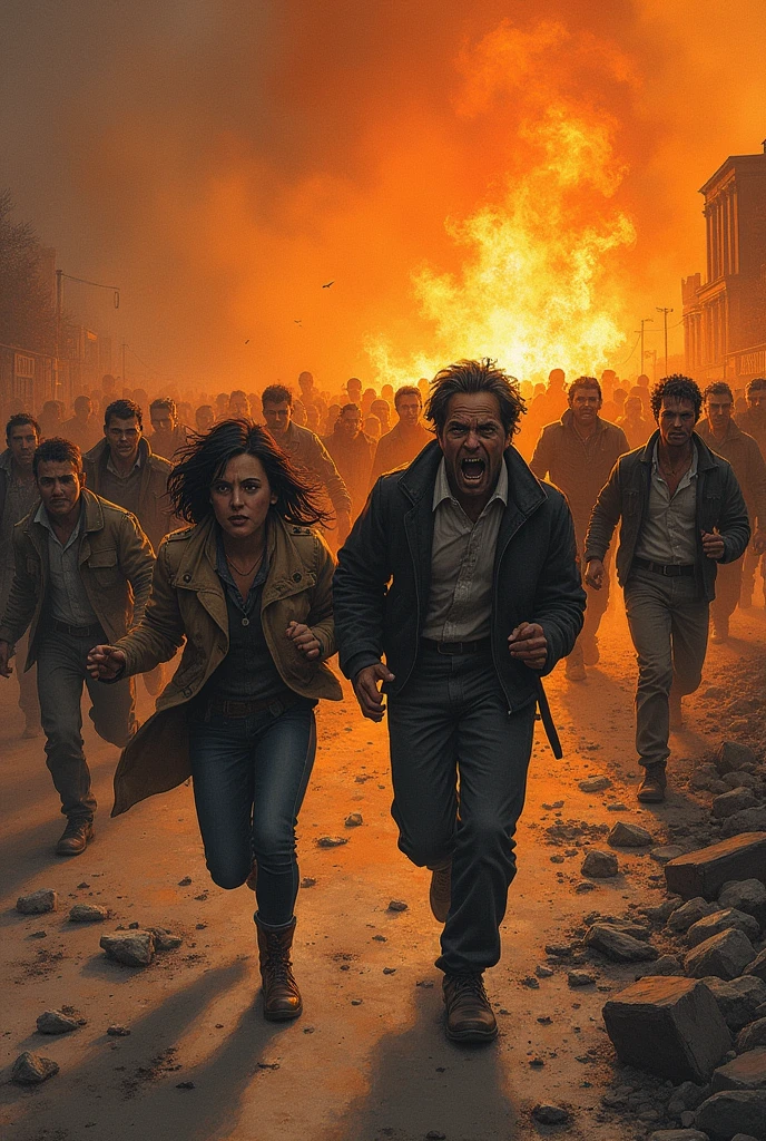 People running away from fire drawing 
