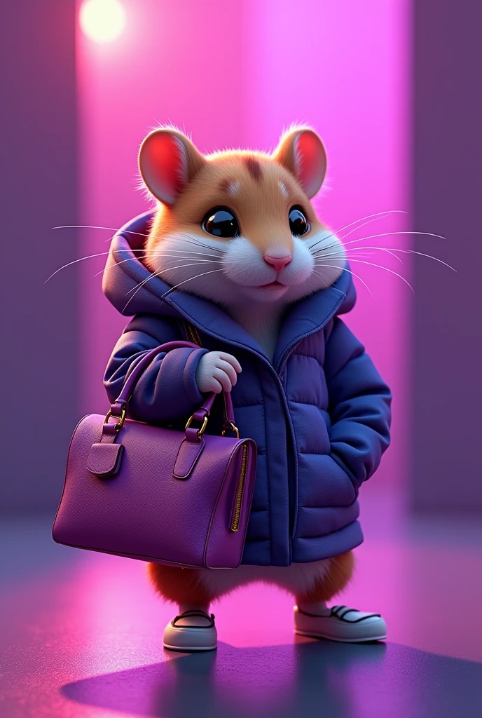 a rounded logo of a hamster fashionist girl with a high fashion LV tote bag, 2048k, octane render, use only next colors: purple, pink, violet on the image, high contrast and vivid cinematic colors add next text ¨ July´s Fashion¨ in a purple neon letter