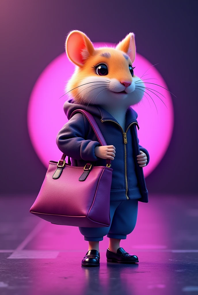 a rounded logo of a hamster fashionist girl with a high fashion LV  tote bag, 2048k, octane render, use only next colors:  purple, pink, violet on the image, high contrast and vivid cinematic colors add next text ¨ July´s Fashion¨ in a purple neon letter 