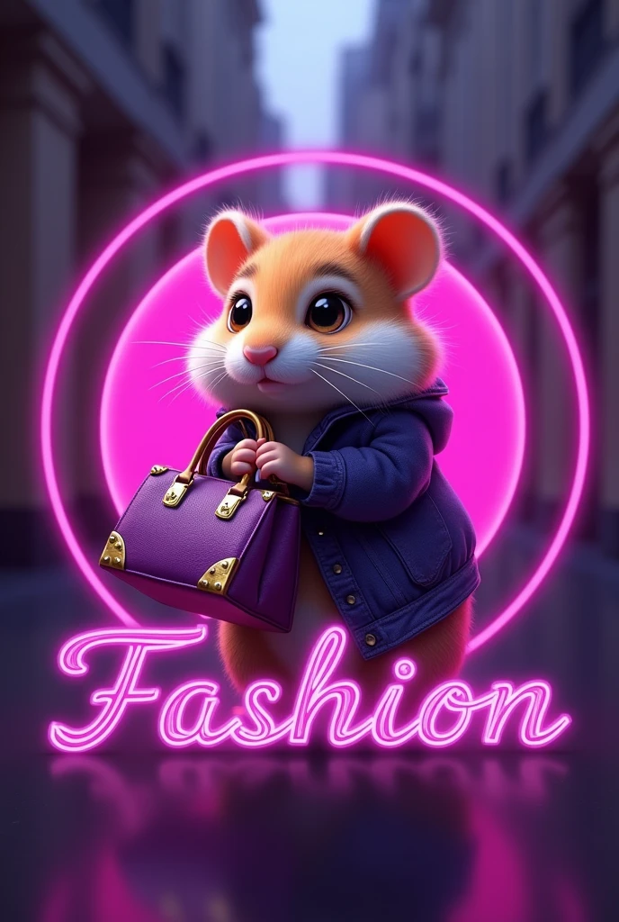 a rounded logo of a hamster fashionist girl with a high fashion LV tote bag, 2048k, octane render, use only next colors: purple, pink, violet on the image, high contrast and vivid cinematic colors add next text ¨ July´s Fashion¨ in a purple neon letter
