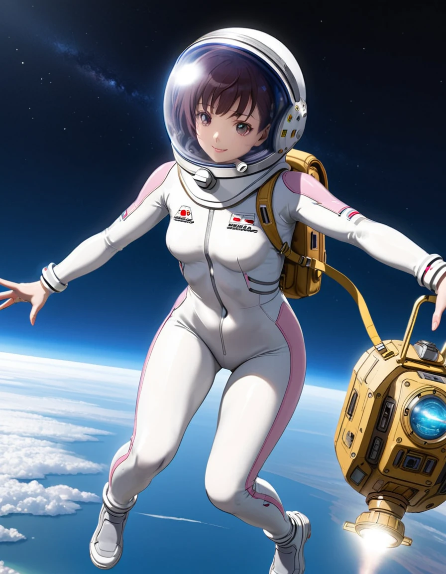 (Spacesuit:1.15), White Cargo Pants, Space Helmet , , Spacewalk, masterpiece, Highest quality, One person, One personで, short hair, , , , Bodysuits,Gloss,Backpack\, baburuherumetto, short hair, (Futuristic spaceship:1.6), , smile,Covered navel, short hair, In other words、Ace,slim,Small breasts,From above