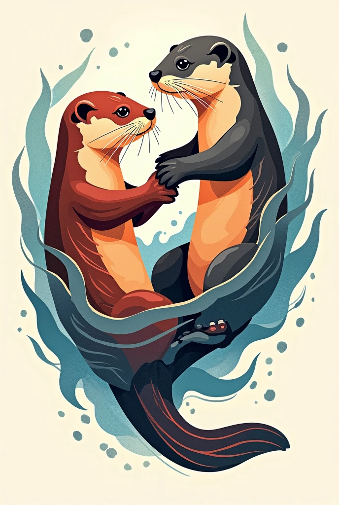 I need a colourful tattoo idea of two otters floatinf together while they hold one hand, not realistic design, something between geometrical or tribal, floating in water. Not face to face but more side to side, not cartoonish
