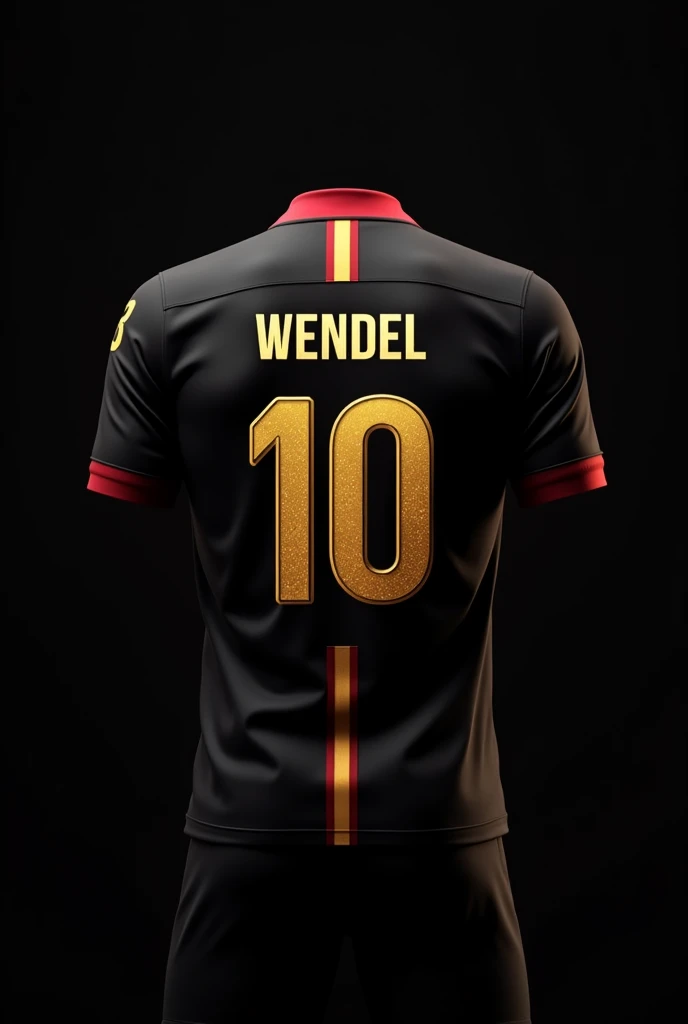 A football shirt with the number 10 on the back in gold with red details on the collars and 2 stripes from the neck collar going down in gold on a black background without a player with the name WENDEL a little big below the number.