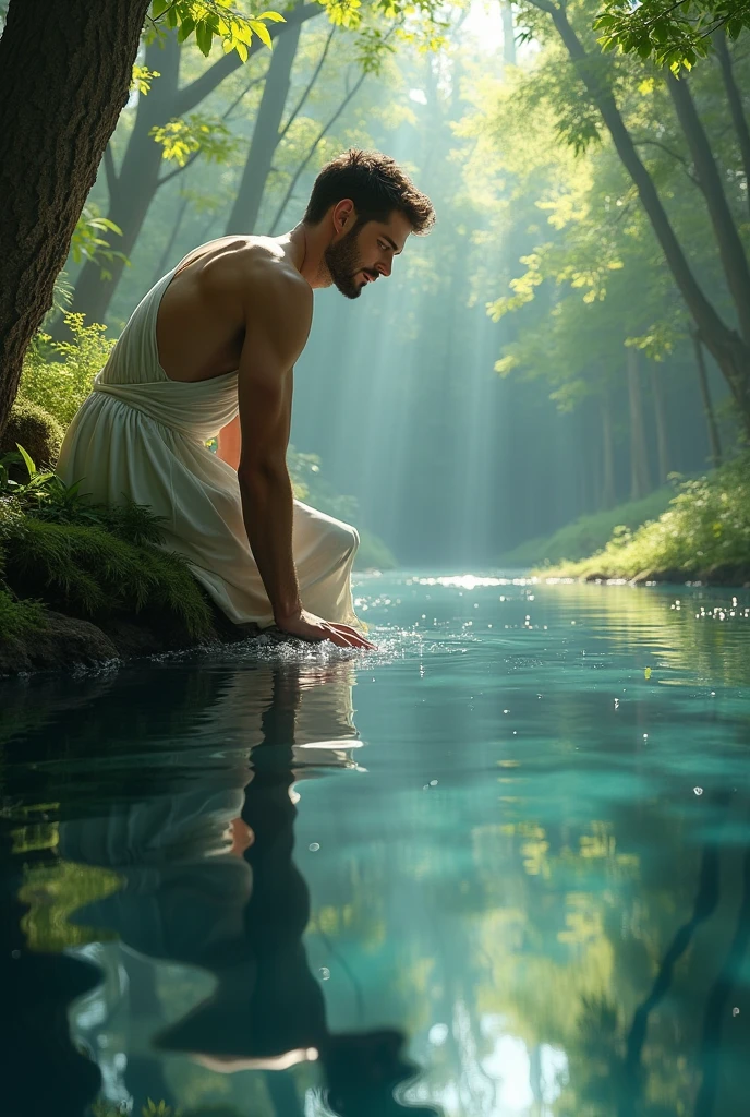Finalement, Narcisse arriva près d'un lac cristallin, caché au cœur de la forêt. Fasciné par la clarté de l'eau, il se pencha pour y boire, mais au moment où il aperçut son reflet, il en fut totalement captivé. Narcisse ne savait pas que ce qu'il voyait était son propre reflet. Il tomba amoureux de cette image, croyant qu'il s'agissait d'une autre personne, belle et parfaite, exactement comme lui.