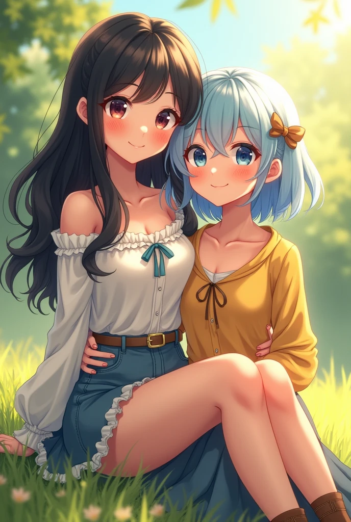 model with long wavy black hair, With her friend, short light blue hair, full body view, sweet outfit, big boobs, outside