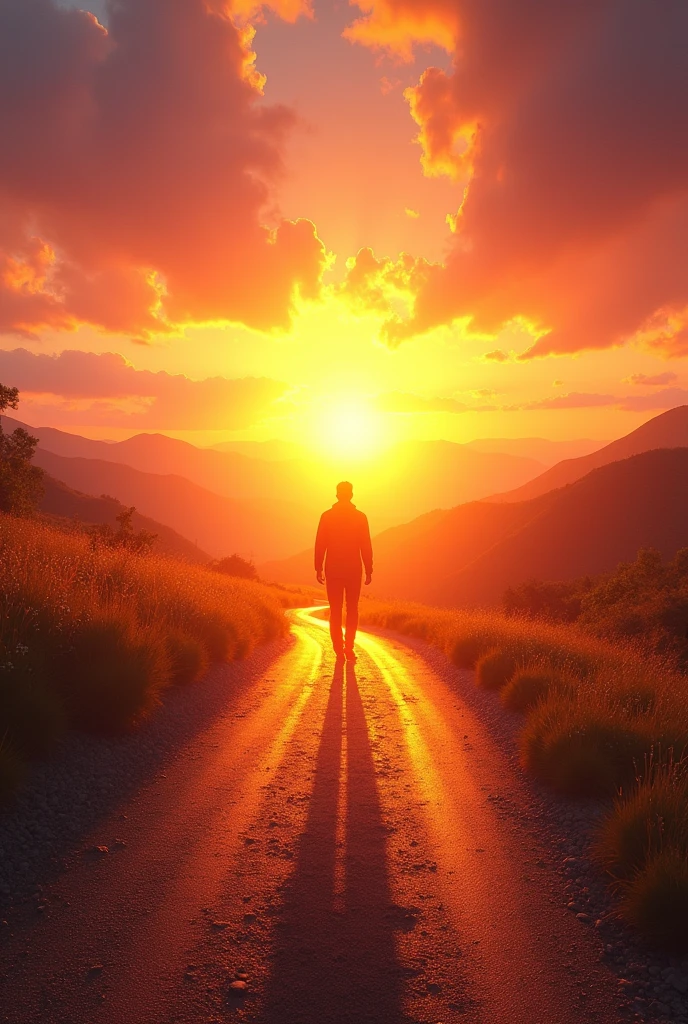 "Create a captivating image of a person walking towards a magnificent, radiant path during sunset. Show the individual strolling confidently along a path that leads into a stunning, golden-hued landscape bathed in the warm glow of the setting sun. The path should appear inviting and beautiful, with vibrant colors reflecting the sunset and enhancing the sense of wonder and hope. The sky should be filled with rich shades of orange, pink, and purple, creating a dramatic and inspiring backdrop. The overall atmosphere should evoke feelings of optimism, new beginnings, and the beauty of embarking on a journey towards something truly wonderful."