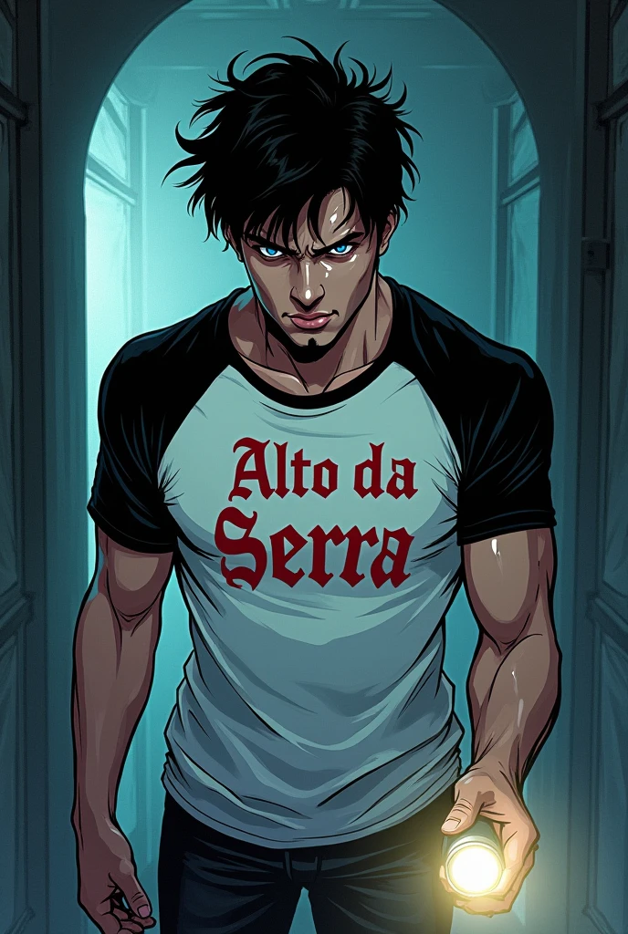 Comic book style image, man 2 badboy, short messy black hair with blue eyes with serious expression, defined body with a white shirt with black sleeves with Alto Da Serra written in red, holding a flashlight in his hand looking for something, de corpo inteiro, kind of dark academia style