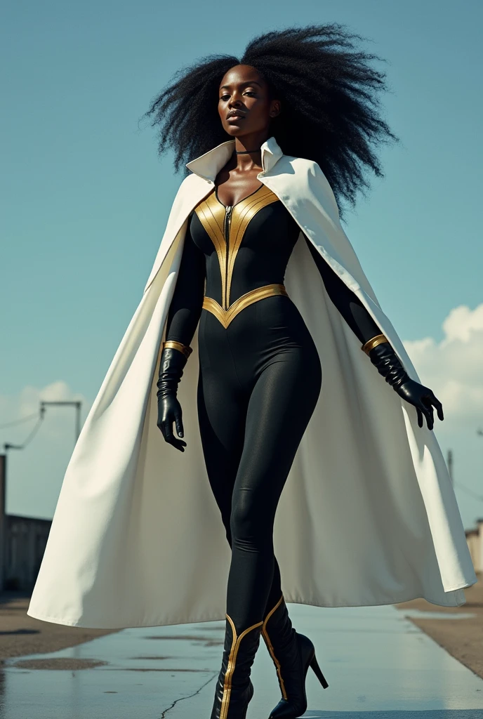 Kiki Layne as Storm (Ointment munroe) in a film adaptation of the X-Men he would be a prominent choice, given his ability to play strong and charismatic characters. To capture Storm faithfully to the comics, The focus should be on his distinctive costume and powerful presence..

In the comics, Storm is known for her elegant and majestic black costume that highlights her status as one of the most imposing figures of the X-Men.. Her classic outfit includes a tight black bodysuit that highlights her athletic figure., with gold detailing on the chest edge, shoulders and waist, highlighting its connection to the control of the elements. The top of the suit features a flowing white cape, which clings to the shoulders and falls in an elegant drape, giving Storm a regal and ethereal appearance.

The suit must have a design that combines both functionality and majesty., allowing Storm to move gracefully and perform her weather manipulation powers.. Long gloves and black boots complete the outfit., with gold details that align with the color scheme of the suit.