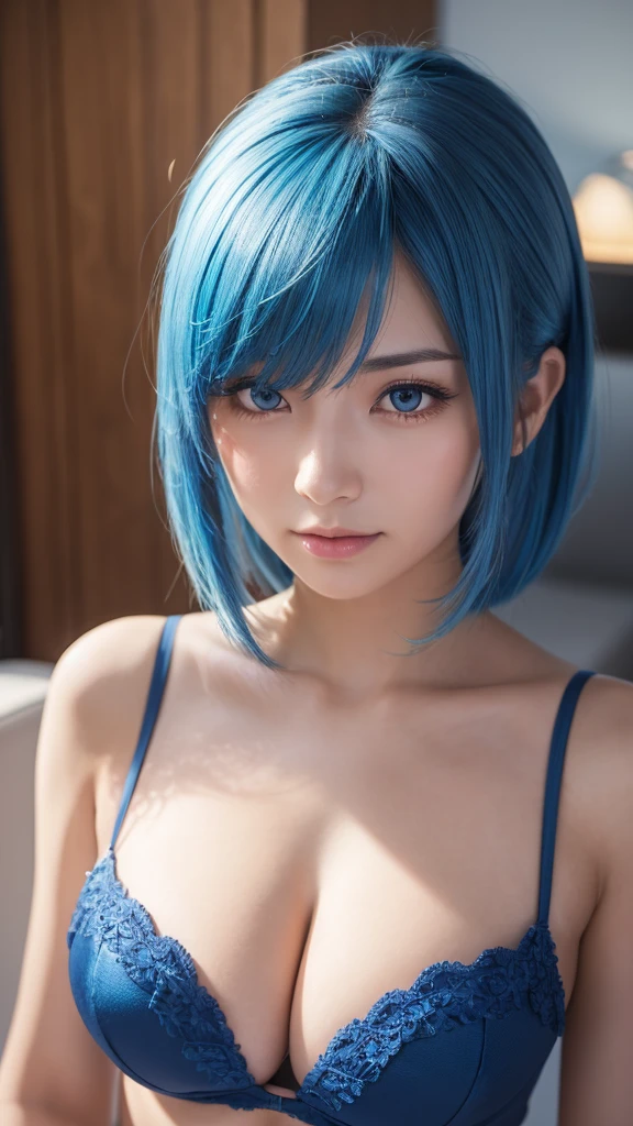 Ultra-detailed and intricate 3D rendering of a beautiful anime character, Beautiful soft studio light, Rim Light, Vivid details,Gorgeous, race, Ultra-realistic, Blue Hair, Ultra-realisticな中世の世界で親密な部分を表現,Big Breasts(Same size as face)