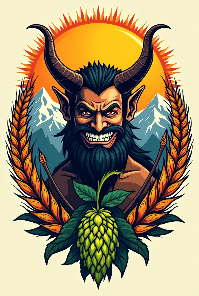 Help me with a logo for a t-shirt for the back that has a sun, a human devil from ecuador , a hop plant and in the background a snowy mountain and wheat ears for a brewery 
