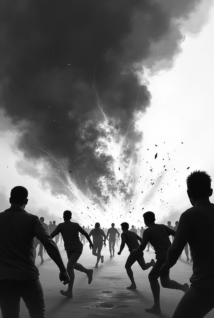 People running away from fire black drawing

