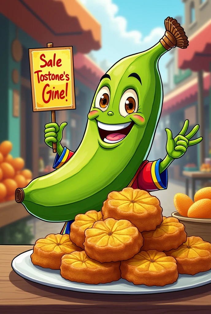 Cartoon of a green banana advertising the sale of tostones El Aragueño
