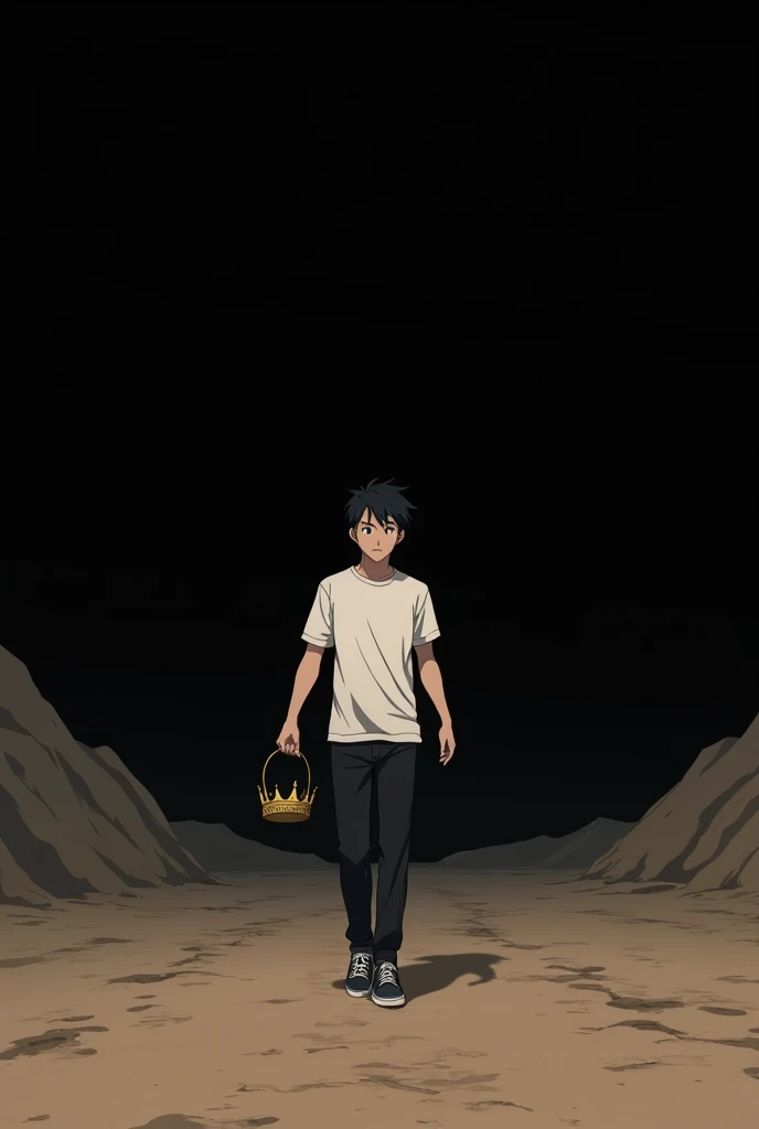 Anime guy walking through an empty valley Black background clothes white t-shirt and he has a crown in his hand He holds it crooked