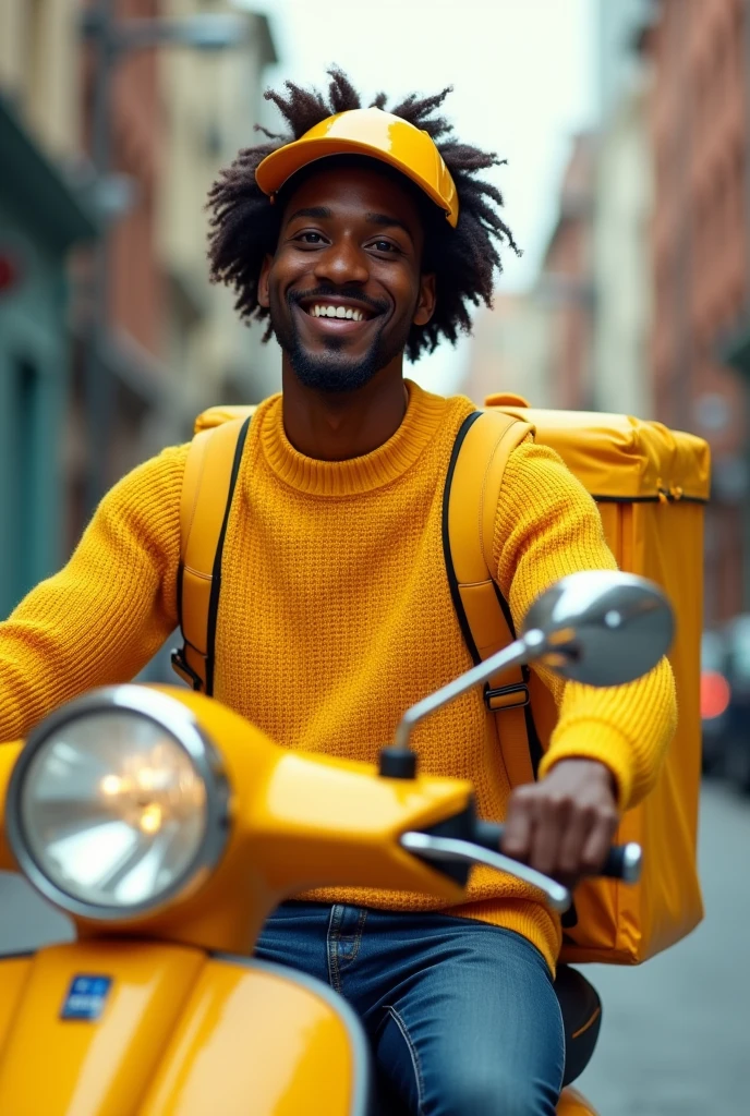 Un agent de livraison africain souriant , habillé en tricot shirt jaune  , qui porte un sac de livraison jaune à  dos sur une scooter 
