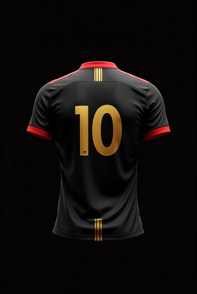 A football shirt with the number 10 on the back in gold with red details on the collars and 2 stripes from the neck collar going down in gold on a black background without a player