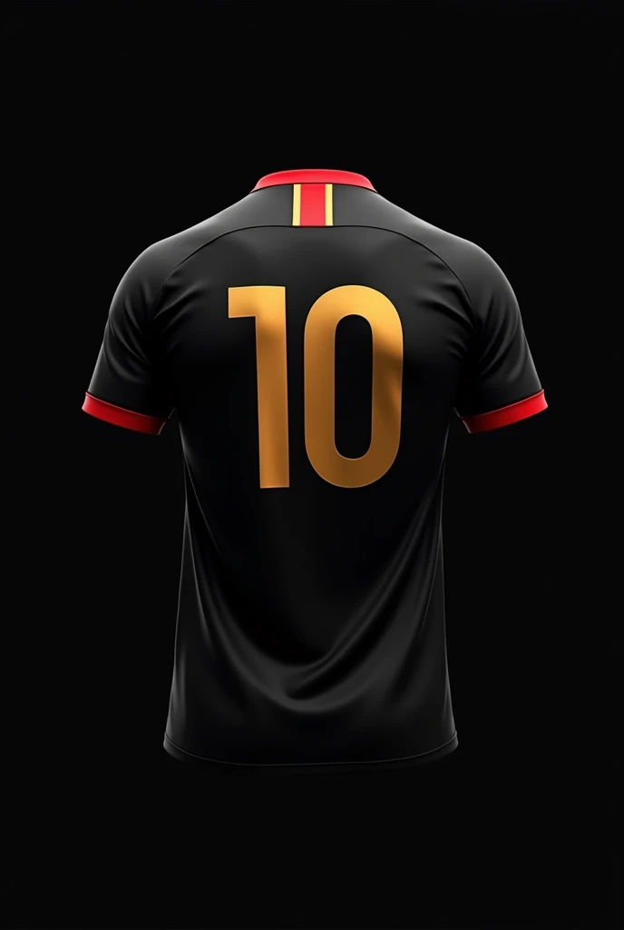 A football shirt with the number 10 on the back in gold with red details on the collars and 2 stripes from the neck collar going down in gold on a black background without a player 