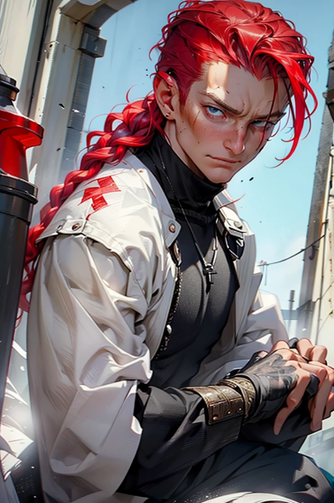 red-haired man with slicked-back hair and a small vertical scar across his mouth wearing medieval battle clothes