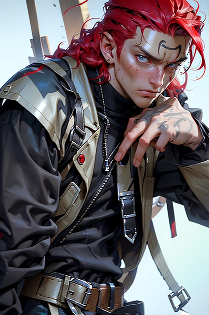 red-haired man with slicked-back hair and a small vertical scar across his mouth wearing medieval battle clothes