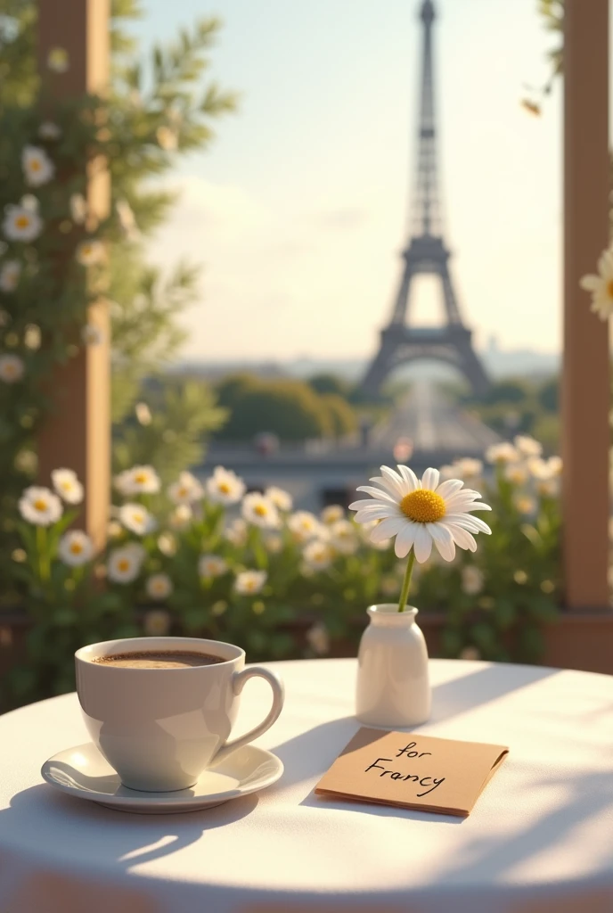 An outdoor table, with a white tablecloth, a chair, coffee mug with a big note that says FOR FRANCY, Next to it there is a vase with a daisy flower and the Eiffel Tower in the background