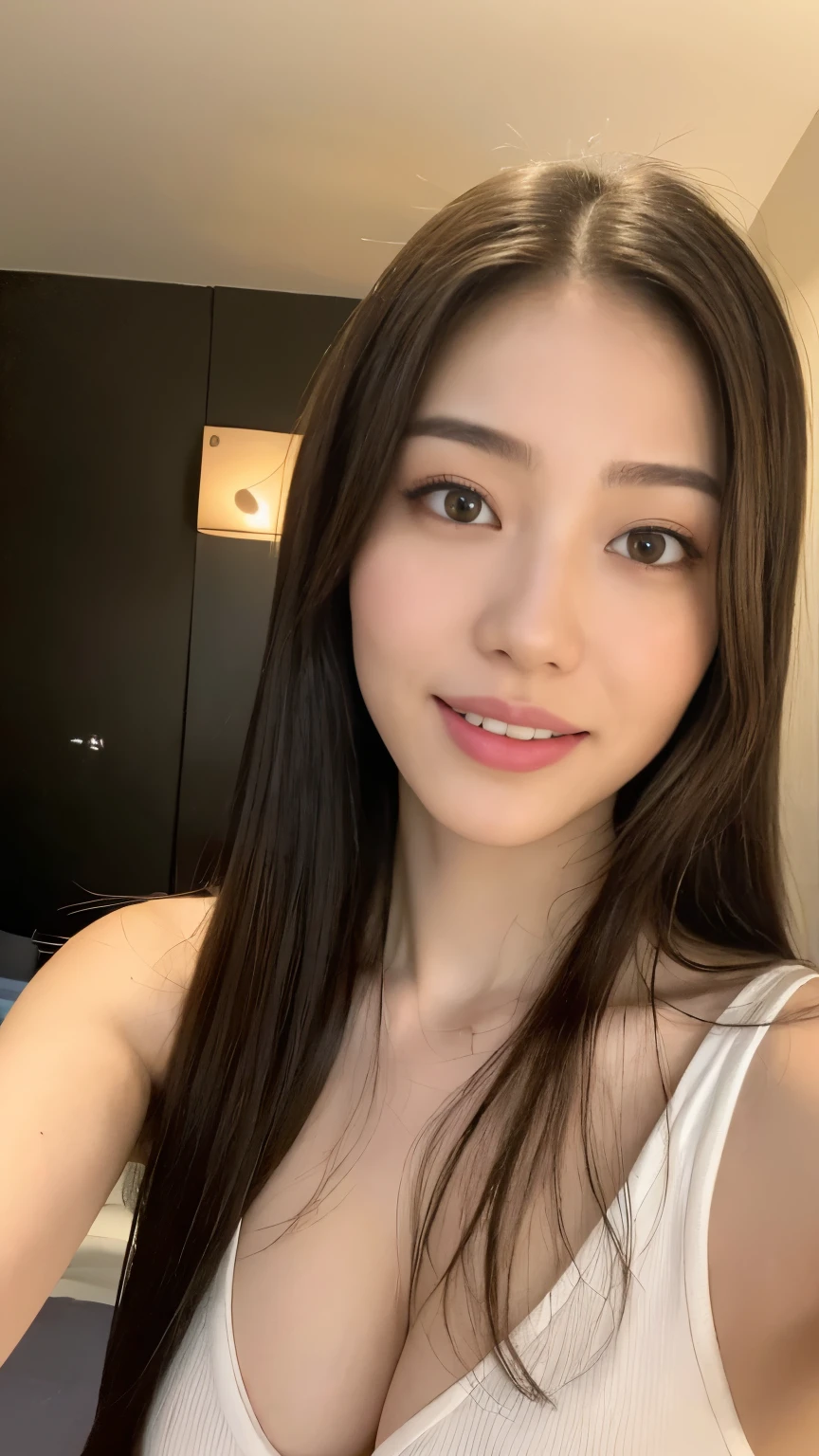 ((Best Quality, 8k, masutepiece :1.3)), 1girl in, Beautiful woman emphasizing slender abs:1.3, (Long whit hair, Colossal tits:1.2), Oversized tank top:1.2, Super Detailed Face, A detailed eye, double eyelid,ssmile,Home,Mole on the chest selfy home amatör god night