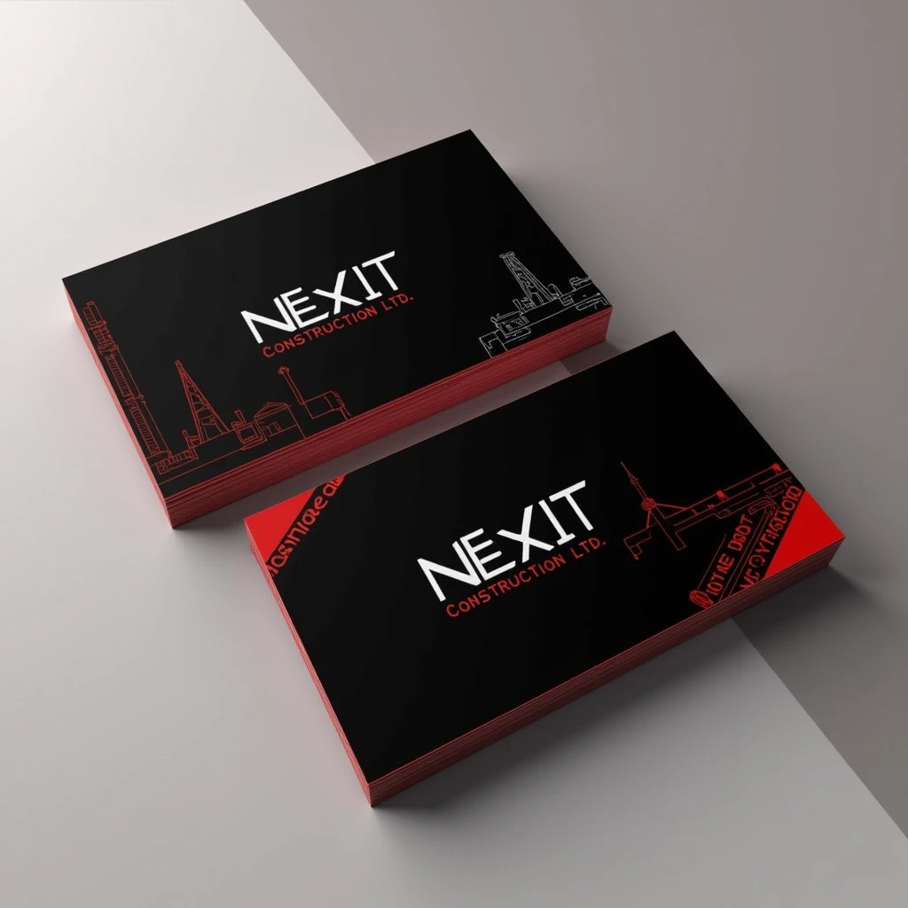 Design a sleek and professional business card for Nexit Construction Ltd. The layout should be horizontal, with the company name, 'Nexit Construction Ltd.,' prominently displayed in a bold, modern font. Below the name, include the company slogan, 'Reliability and Excellence,' in a smaller, italicized font to emphasize the company's values.
Use a bold color scheme of red and black. The background should be predominantly black, with red as the primary accent color. Incorporate red in key areas such as the company name or as a border around the card. Use black for the text, with white or gray as secondary colors to ensure readability.
Consider adding subtle construction-related icons or patterns, such as blueprints, building silhouettes, or abstract geometric shapes, in the background or corners to reinforce the company’s industry. The overall design should be clean, with a strong emphasis on professionalism and a modern aesthetic.