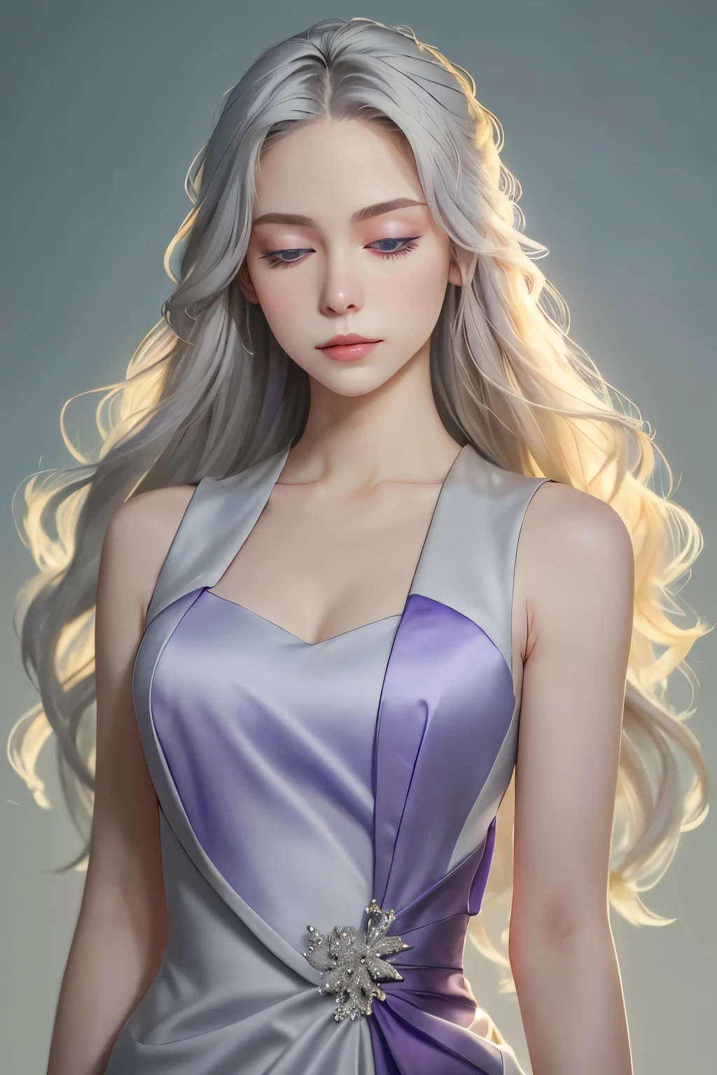 (oil, masterpiece, highest quality, Super detailed, Focus on the characters), Young woman, pale skin, ((a long gray hair)). ((a elegant purple sleeveless dress)). Her eyes are closed, and she has a serene expression. Her arms are crossed gently in front of her, and the background is a soft light blue gradient, giving the image an ethereal and calm feel