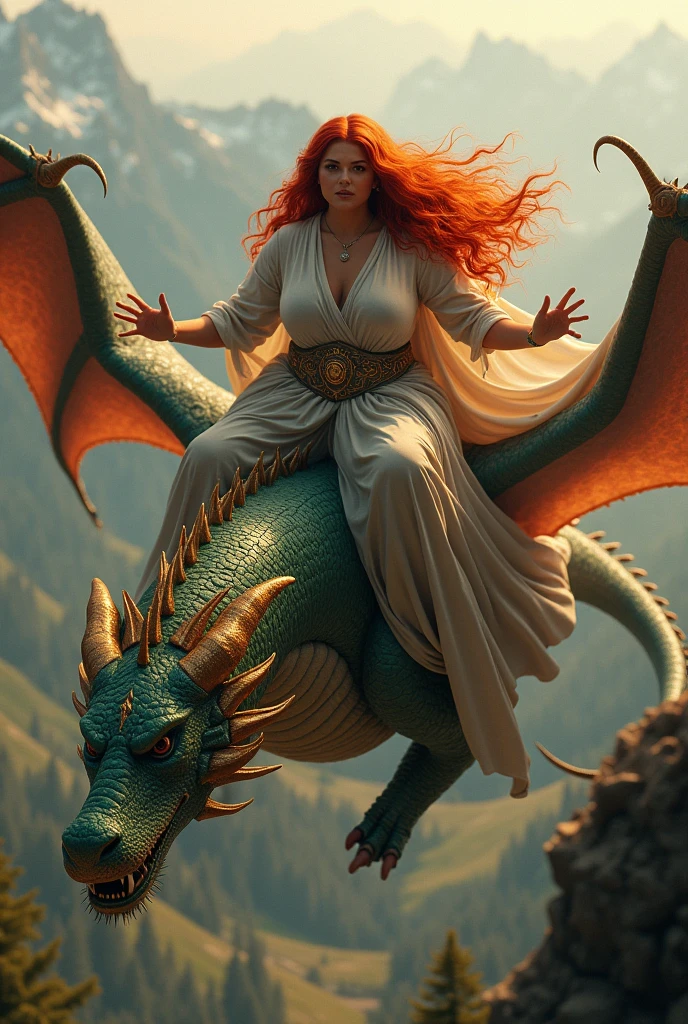 A woman with wavy red hair and an overweight body riding a dragon