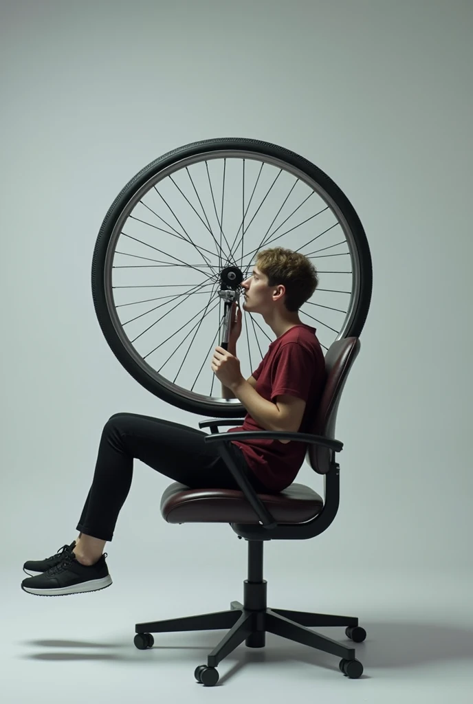 
Create an image of the setup used in the angular motion conservation experiment which consists of a rotating chair., A person sitting on this chair while holding a bicycle wheel by means of handles that it has,  The handles are in the center of the wheel.