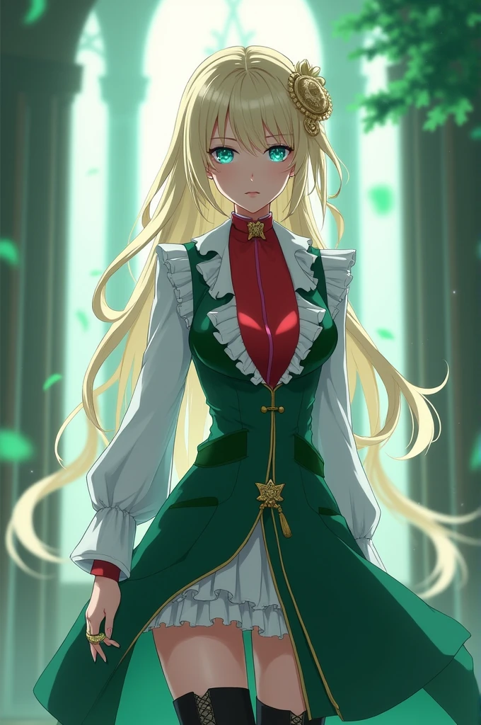 A blonde hunter, almost white but bright, blue eyes with green eye background, white skin LONG hair with a beautiful updo hairstyle with loose strands, with a long blouse with ruffles on the long sleeves, a red blouse and a stylish short closed vest, a green feminine one, a skirt up to the thighs and a heel that goes up to the knee, anime style, with a ring with ice powers