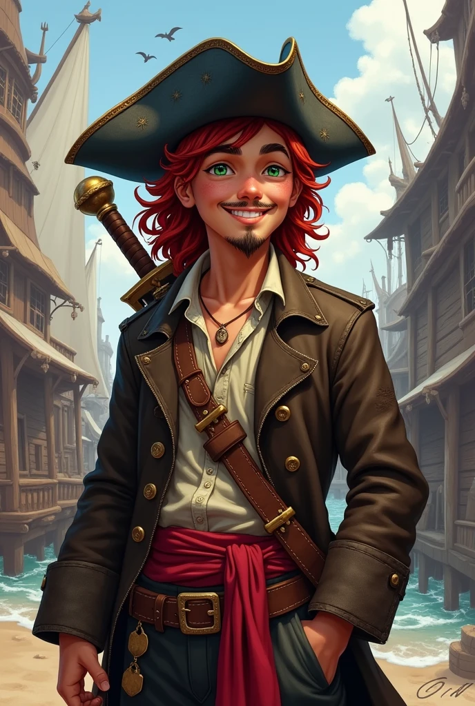 Create an image of a full human race pirate for D&D. A cheerful young pirate of 20 years old with long curly hair and garnet red color, a goatee and a garnet red moustache and dark green eyes. He wears a black leather battered hat, He wears a long, worn and old brown pirate-style trench coat, with a light shirt and a ruined vest underneath. In life he wears a red sash with a belt and two bastard swords on his back., in the background a pirate port.