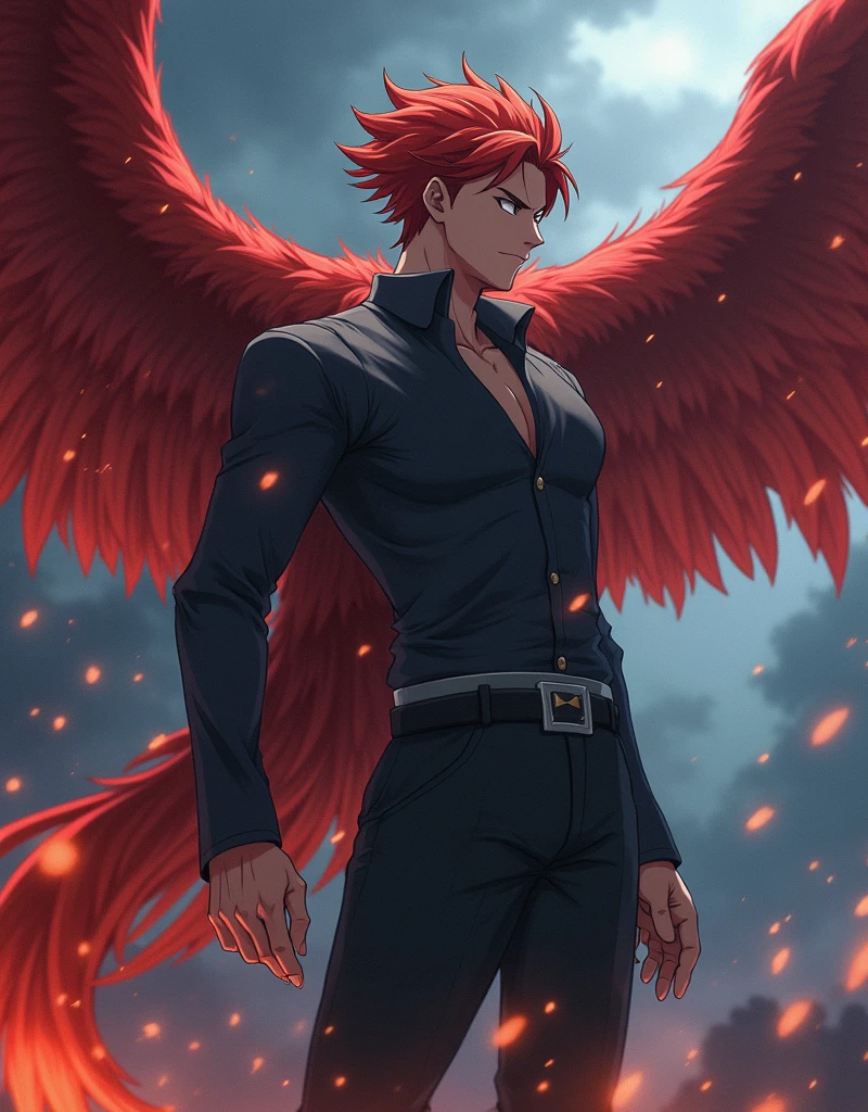 (best quality, highly detailed, masterpiece, UHD:1.3), fullbody shot, 1boy, solo,mature male, elemental phoenix, serious, anime screencap, in a stormy background