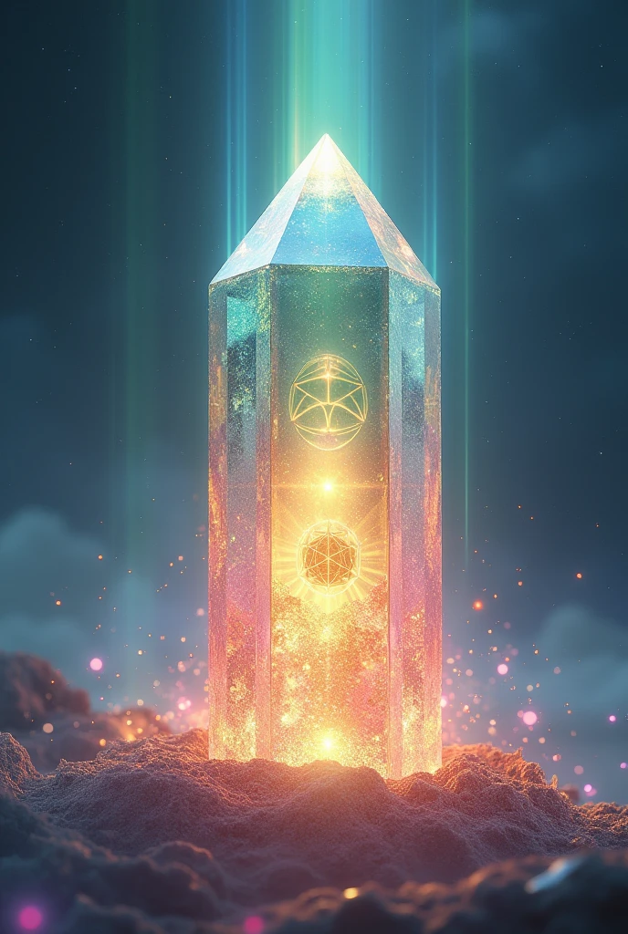 For the Crystalline Intention Amplifier tool, the image should reflect the ability to amplify and direct intentions through crystalline energy. Here is a description for the image:

General Form: A large, polished crystal, in the shape of a prism or geode, with facets that reflect light in a complex and enchanting way. The crystal should look vibrant and sparkling., representing its ability to amplify energy.
Intention and Focus: In the center of the crystal, ou na base, there may be a symbol or a sacred geometric shape, like “Metatron’s Cube” or the “Tetrahedron”, which represents clarity and focused intention. This symbol can be illuminated with a soft light, highlighting its importance in amplifying intentions.
light effects: Rays of colored light (como azul, Unripe, pink and gold) radiate from the crystal and expand in all directions. These rays can be represented as beams of light that intensify and direct themselves outwards., symbolizing the amplification and manifestation of intentions.
Energy Particles: Small shiny particles or sparks of light may be around the crystal, moving outward and dispersing, representing the energy of intentions being amplified and spread in the energy field.
fund: The background can be an ethereal space or a spiritual landscape with soft tones and glow., like a starry sky or an illuminated aura, to highlight the amplifying function of the crystal and its connection with higher dimensions.
This image represents the Crystalline Intention Amplifier as a powerful crystal that channels and amplifies intentions., using crystalline energy to manifest desires and goals with clarity and intensity.