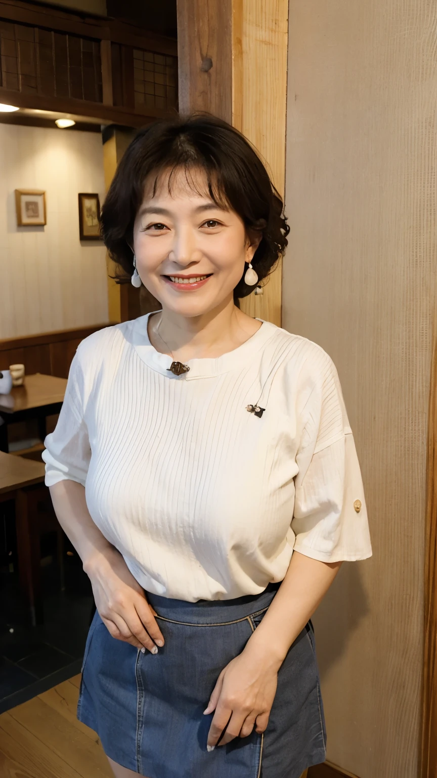 Osaka's aunt、Organic Photography、Highest quality、masterpiece、Ultra-high resolution、Beautiful Japanese old lady、60 years old、Looking at the audience、Elegant face、Smiling with teeth showing、Big Breasts、Wearing a plain short-sleeved knit、Wavy Hair、mini skirt、Earrings、A corner of a coffee shop, Background Blur