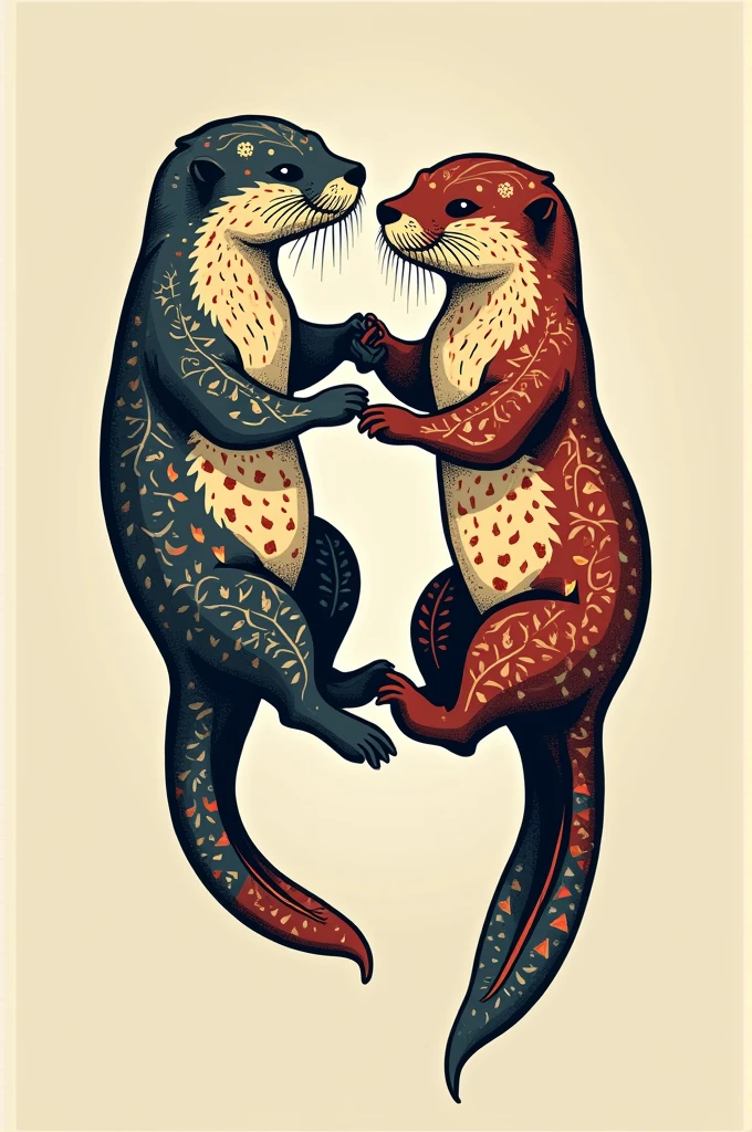 Tatoo idea, two otters floatin on their backs, holding hands, tribal and geometrical, colorful