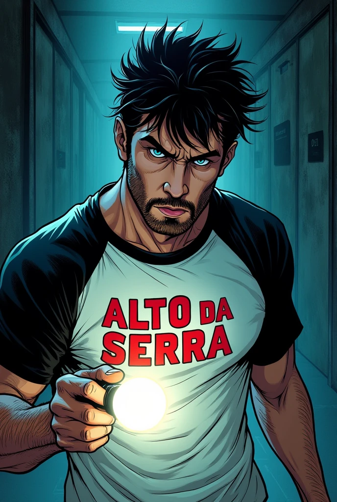 Comic book style image, man 2 badboy, short messy black hair with blue eyes with angry expression, unshaven beard, defined body with a white shirt with black sleeves with Alto Da Serra written in red, holding a flashlight in his hand looking for something, de corpo inteiro, kind of dark academia style
