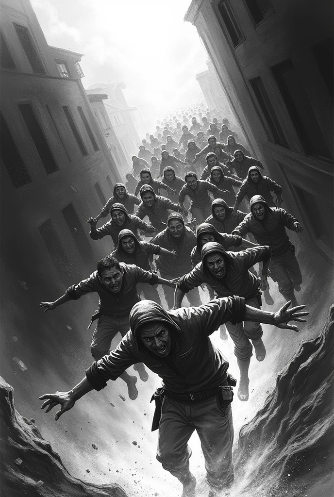 People running away from the fire from bottom to top black drawing