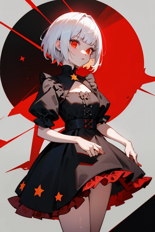 Girl with short white hair,red glowing eyes, wearing a black dress with yellow star designs with lots of ruffles