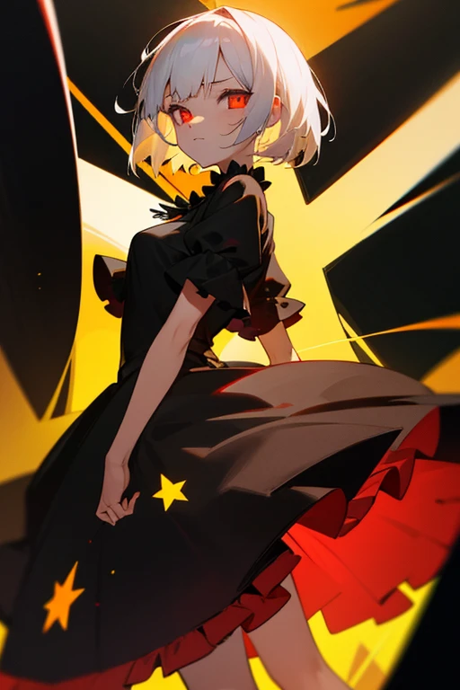 Girl with short white hair,red glowing eyes, wearing a black dress with yellow star designs with lots of ruffles