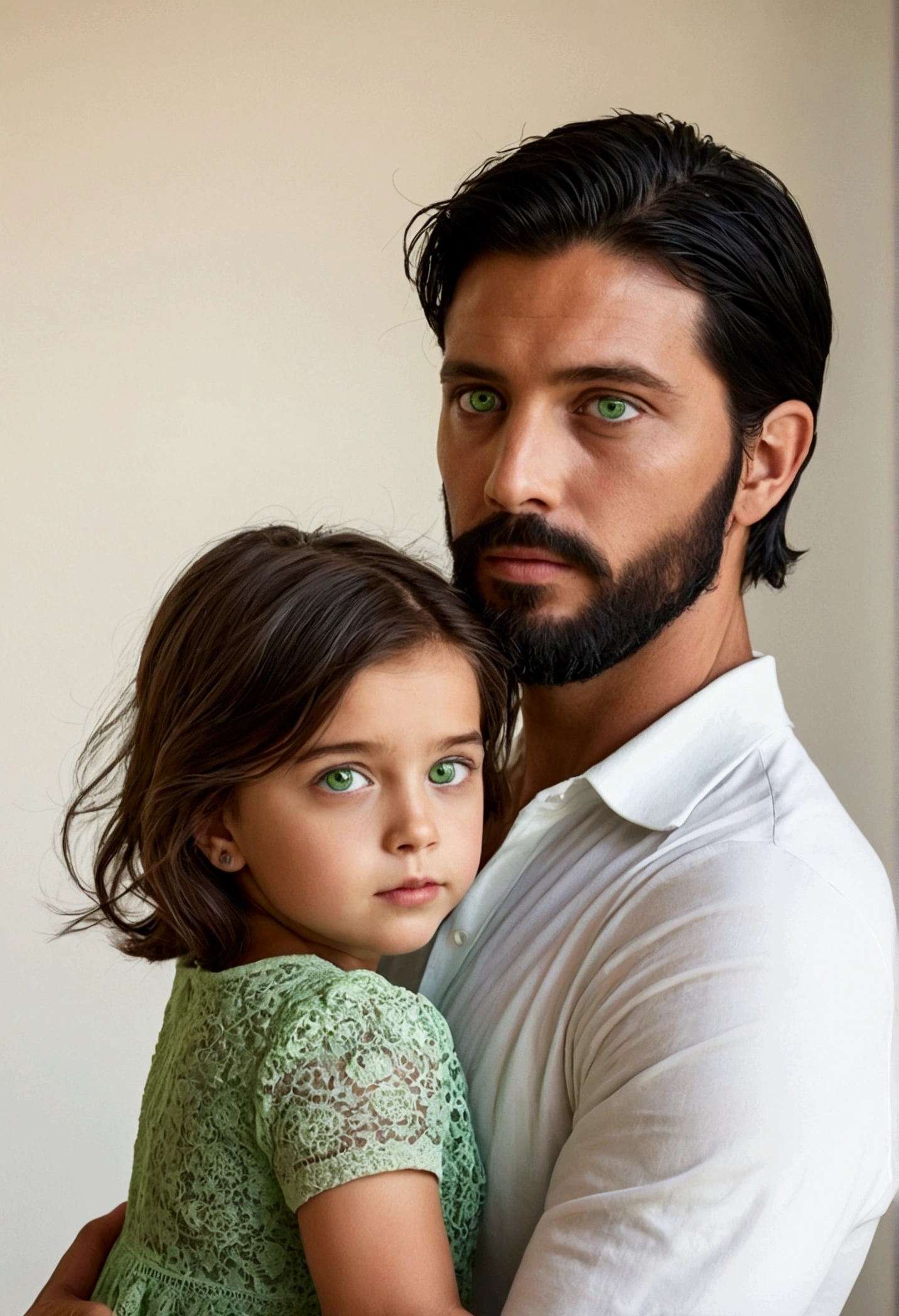 Man with black hair and green eyes, short hair and a little beard carrying his daughter, a girl with brown hair and green eyes