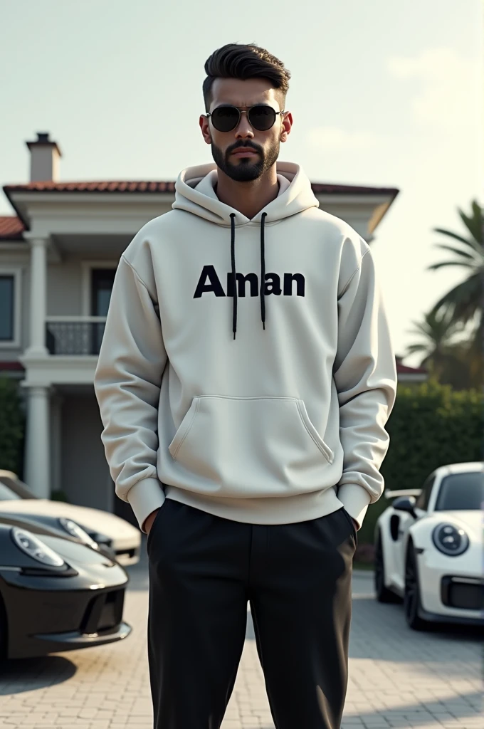 Make a 3D 20 years gangster Men which is standing on the floor and wearing white hoodie and black pant there was a beautiful villa and black and white cars in the background and.a name written on his hoodie the name is (AMAN)
