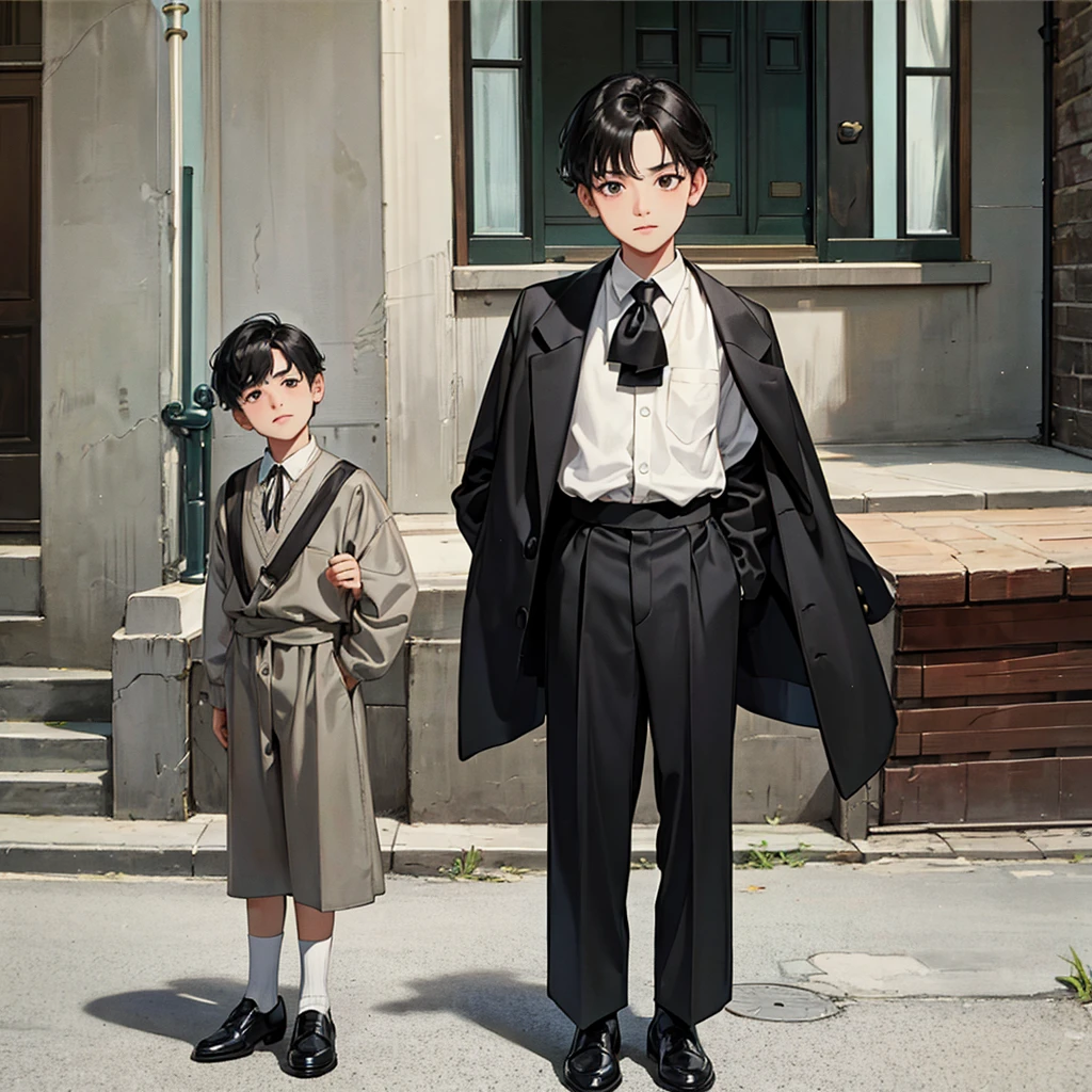 , eight year old boy with black hair and black eyes, in front of an orphanage in 1930s clothing