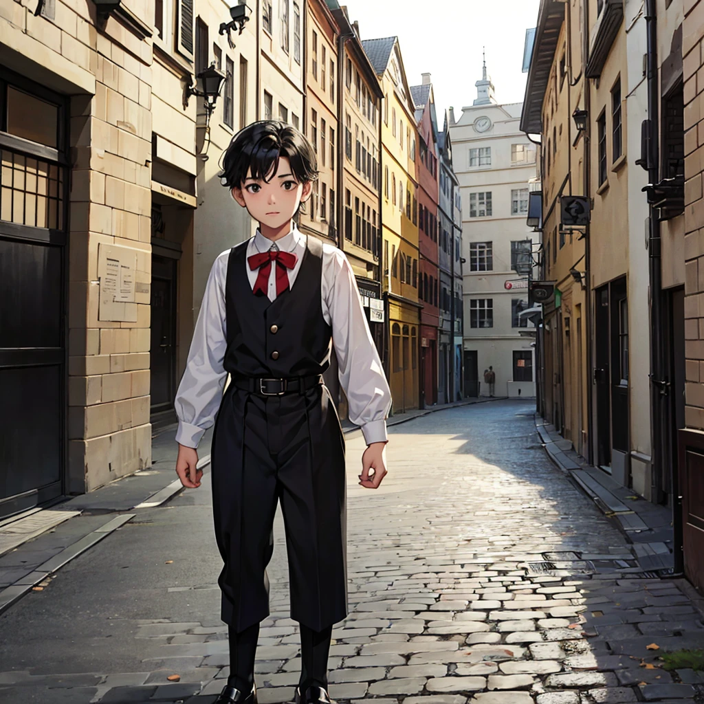 , eight year old boy with black hair and black eyes, in front of an orphanage in 1930s clothing
