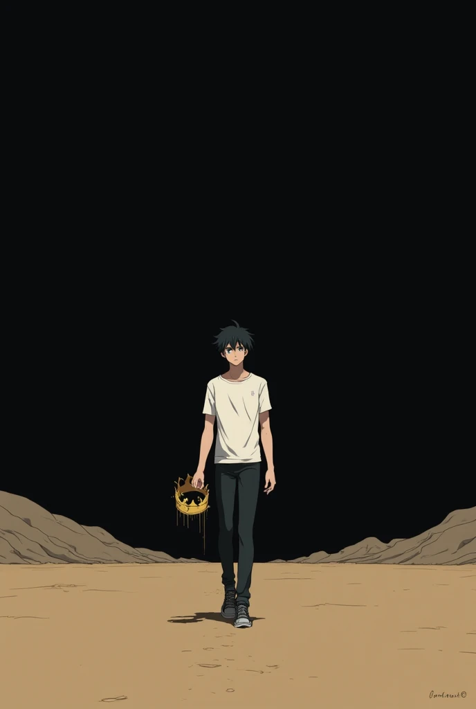 Anime guy walking through an empty valley Black background clothes white t-shirt and he has a crown in his hand He holds it crooked