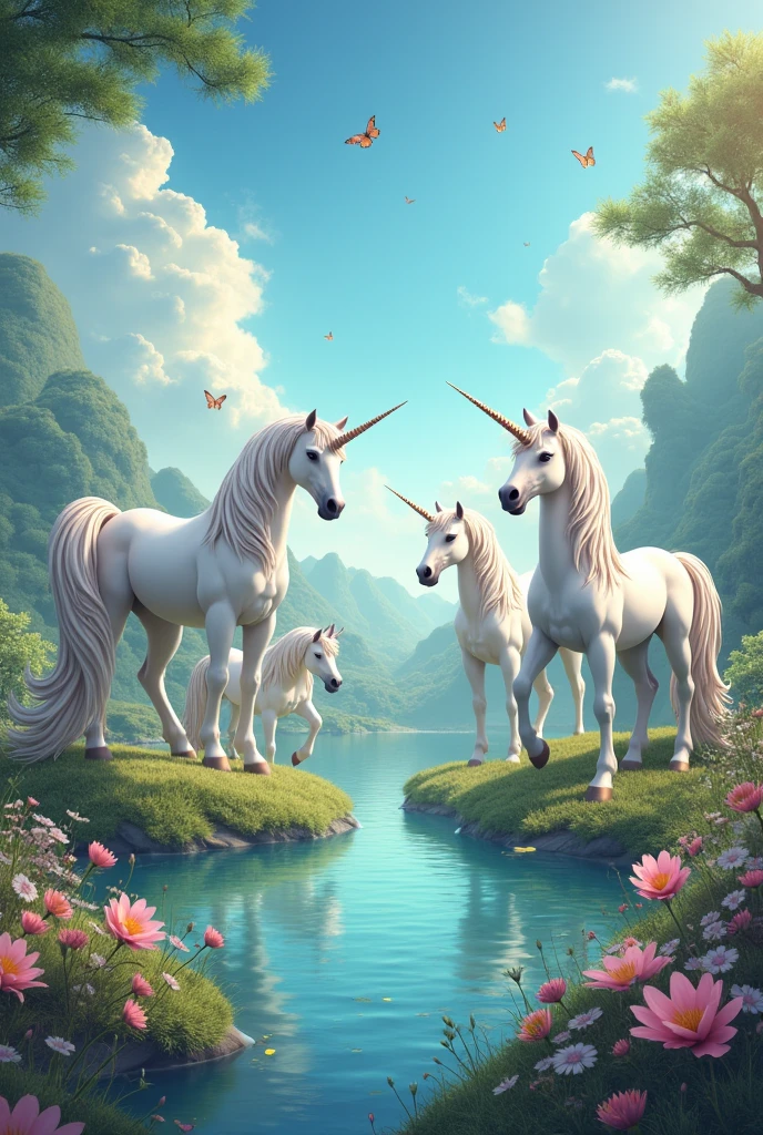 image of several fancy unicorns in paradise like in cartoons more realistic 