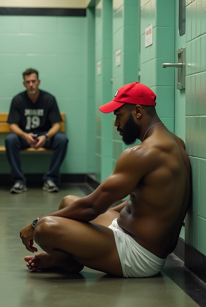 Strong, muscular mixed-race gas station attendant sitting on the bathroom floor in white underwear and a red cap, being watched by a man with a cell phone in his hand sitting on the bench.